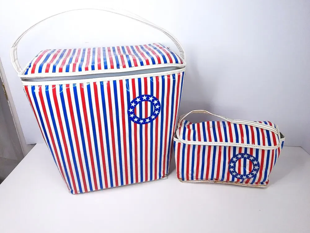 Vintage Prepac Vinyl Insulated Cooler Bags Red White Blue Stripes Set of 2